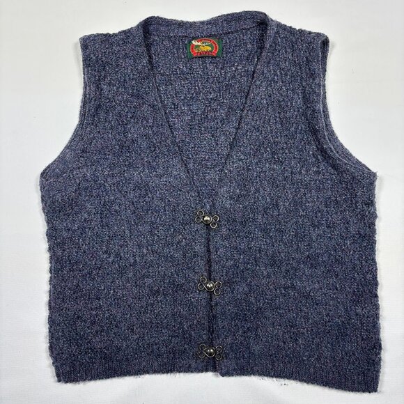 VTG Alps Blue/Purple Chunky Knit Granny Cardigan Sweater Vest Womens Med - Picture 1 of 8